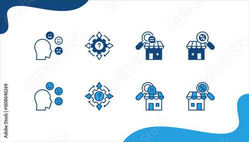 Market Research icon set with Customer satisfaction, Questionnaire, Qualitative research, Quantitative research.
