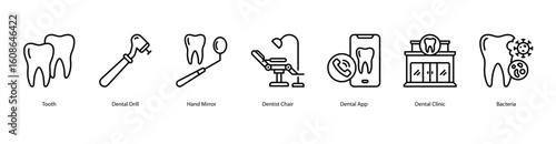 Dental clinic web banner icon vector illustration for Tooth, Dental Drill, Hand Mirror, Dentist Chair, Dental App, Dental Clinic, and Bacteria in a clinical environment.