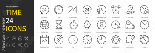 Time icon set. Timing, timer, alarm, clock, day, hour, hourglass, wrist watch, punctuality, etc. Vector illustration. Editable stroke. Flat design.
