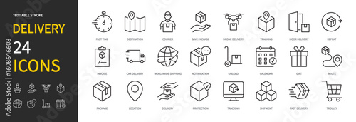 Delivery icon set. Destination, courier, drone, tracking, invoice, worldwide shipping, notification, package, location, protection, shipment, trolley, box, etc. Vector illustration. Editable stroke.