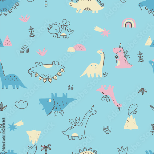 Adorable seamless dinosaur pattern featuring pastel-colored cartoon dinos in baby blue, pink, cream, and aqua tones, set against a cheerful sky blue background. Ideal for kids' clothing, babywear