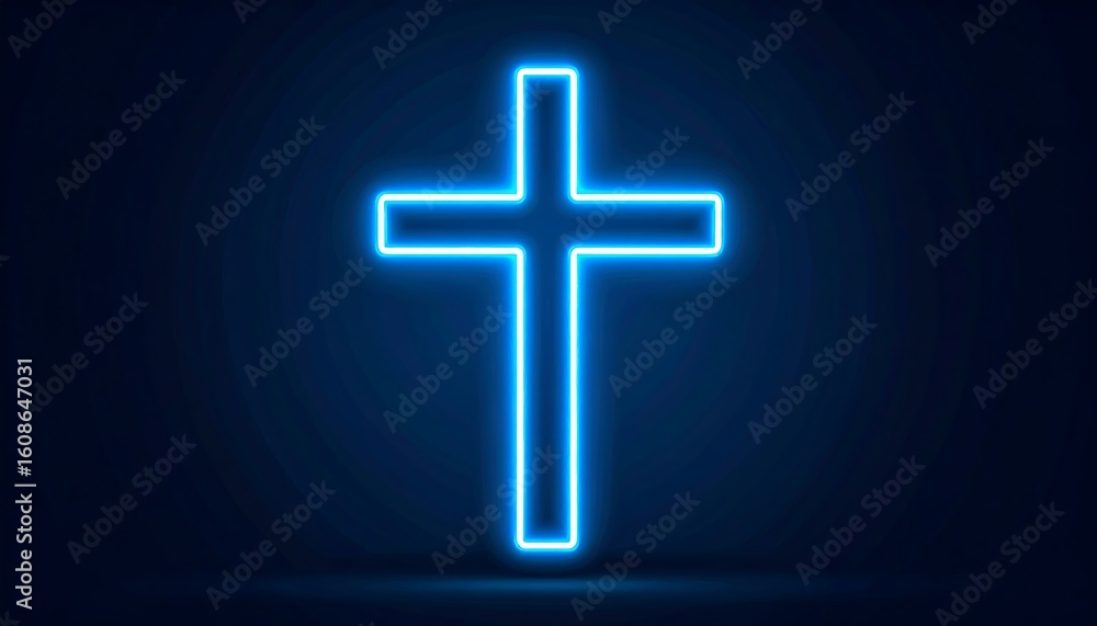 Fototapeta premium Glowing blue neon cross on dark background