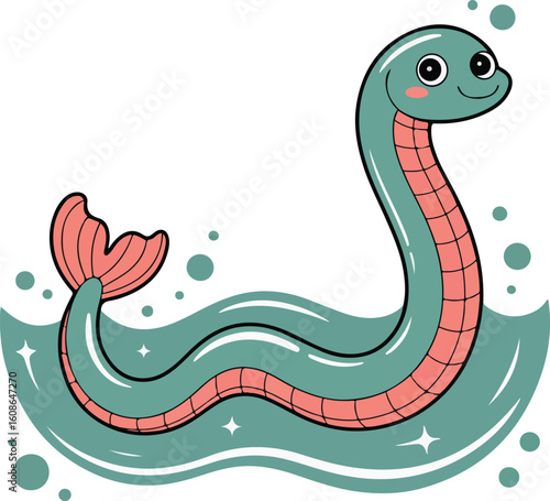 A cartoon depiction of a smiling sea serpent with pink accents swimming in the ocean transparent png vector