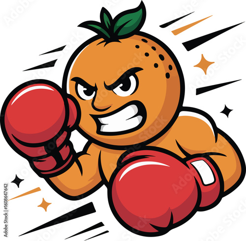 An orange fruit mascot boxing fiercely with red gloves, transparent png vector