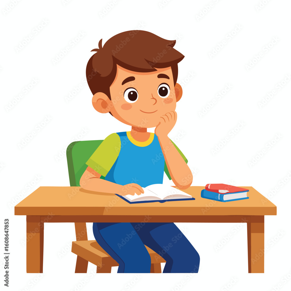 A young boy sits at a desk, reading, deep in thought. A young boy sits at a desk, reading, deep in thought.