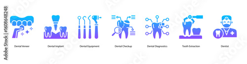 Dental restoration web banner icon vector illustration with Dental Veneer, Dental Implant, Dental Equipment, Dental Checkup, Dental Diagnostics, Tooth Extraction, and Dentist.