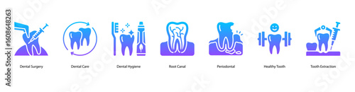 Dental care web banner icon vector illustration featuring Dental Surgery, Dental Care, Dental Hygiene, Root Canal, Periodontal, Healthy Tooth, and Tooth Extraction.