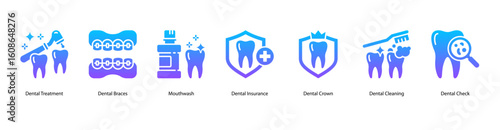 Orthodontic care web banner icon vector illustration for Dental Treatment, Dental Braces, Mouthwash, Dental Insurance, Dental Crown, Dental Cleaning, and Dental Check.