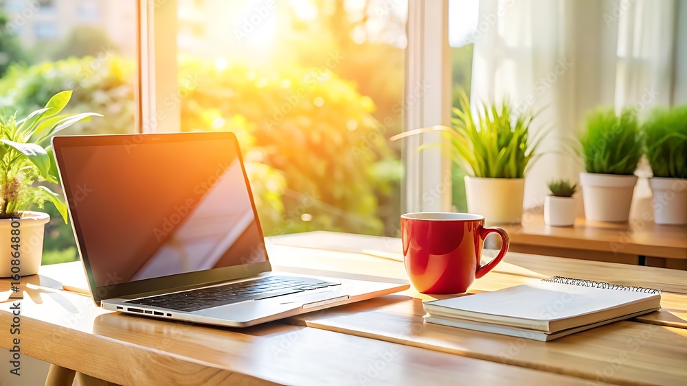 Fototapeta premium Laptop and Coffee Cup on a Wooden Desk by a Window