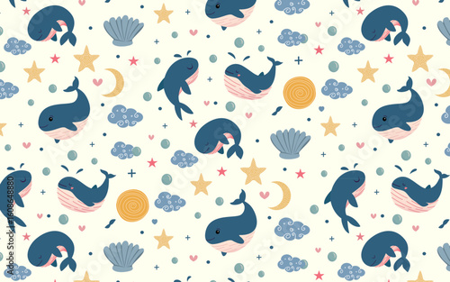 Calestial whales dolphins and sea element hand drawn design seamless pattern
