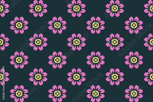 Delightful pixel art pattern with pink flower motifs and green centers on dark navy. Ideal for fabric prints, kids' designs, digital crafts, wrapping paper, and embroidery projects.