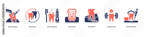 Dental care web banner icon vector illustration featuring Dental Surgery, Dental Care, Dental Hygiene, Root Canal, Periodontal, Healthy Tooth, and Tooth Extraction.
