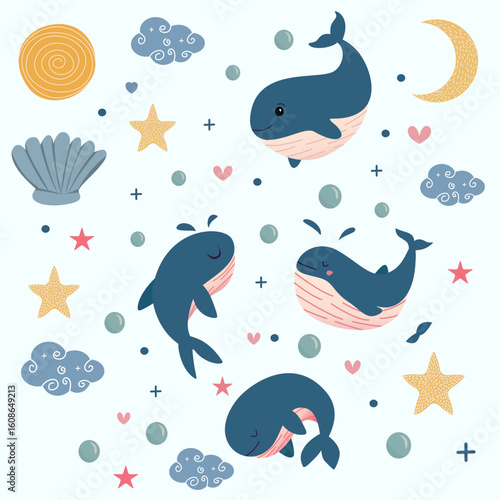 Calestial whales dolphins and sea element hand drawn design