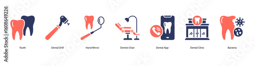 Dental clinic web banner icon vector illustration for Tooth, Dental Drill, Hand Mirror, Dentist Chair, Dental App, Dental Clinic, and Bacteria in a clinical environment.