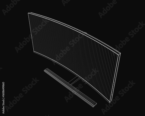 A 3D wireframe model of a TV displays intricate structural details on a sleek black background. The transparent framework highlights the monitor's modern design and advanced technology.