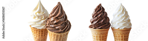chocolate and vanilla swirl soft serve ice cream in waffle cone isolated on a transparent background
