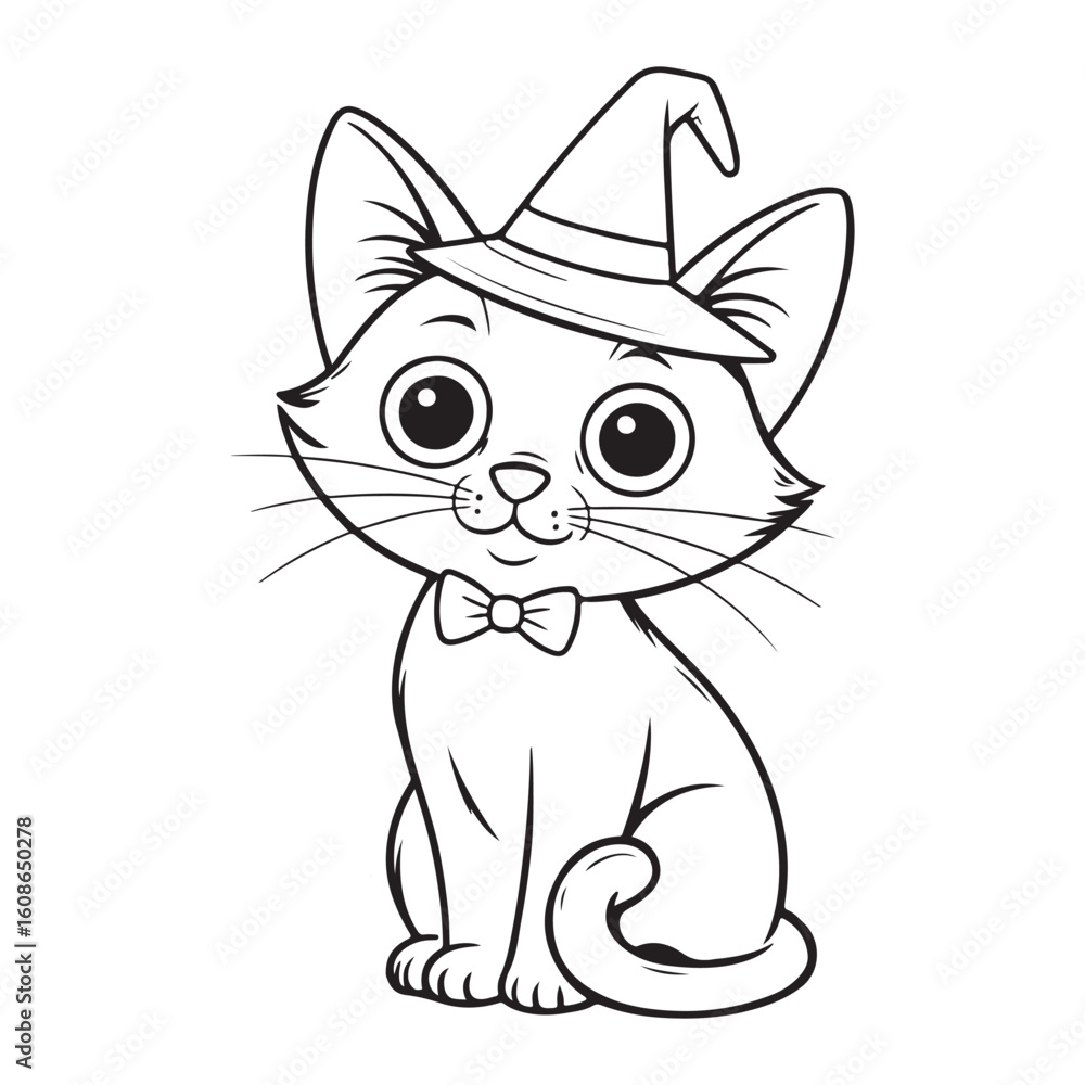 Obraz premium Cartoon cat wearing a witch hat and bow tie illustration