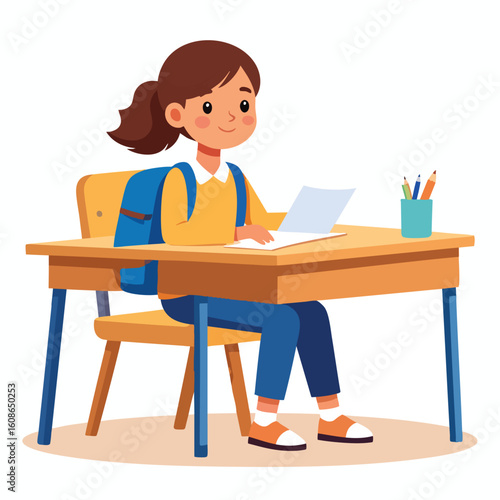A cheerful schoolgirl diligently works at her desk, surrounded by school supplies.