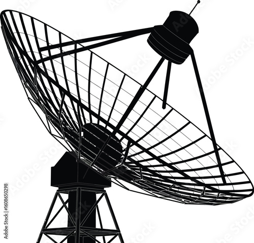 Silhouette of a large satellite dish antenna with a grid pattern against a white background space view