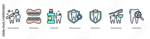 Orthodontic care web banner icon vector illustration for Dental Treatment, Dental Braces, Mouthwash, Dental Insurance, Dental Crown, Dental Cleaning, and Dental Check.