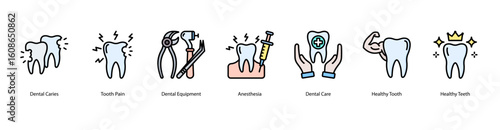 Oral health web banner icon vector illustration showing Dental Caries, Tooth Pain, Dental Equipment, Anesthesia, Dental Care, Healthy Tooth, and Healthy Teeth.