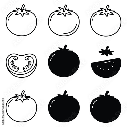 Vector illustration of a fresh tomato in various styles and slices for food and design