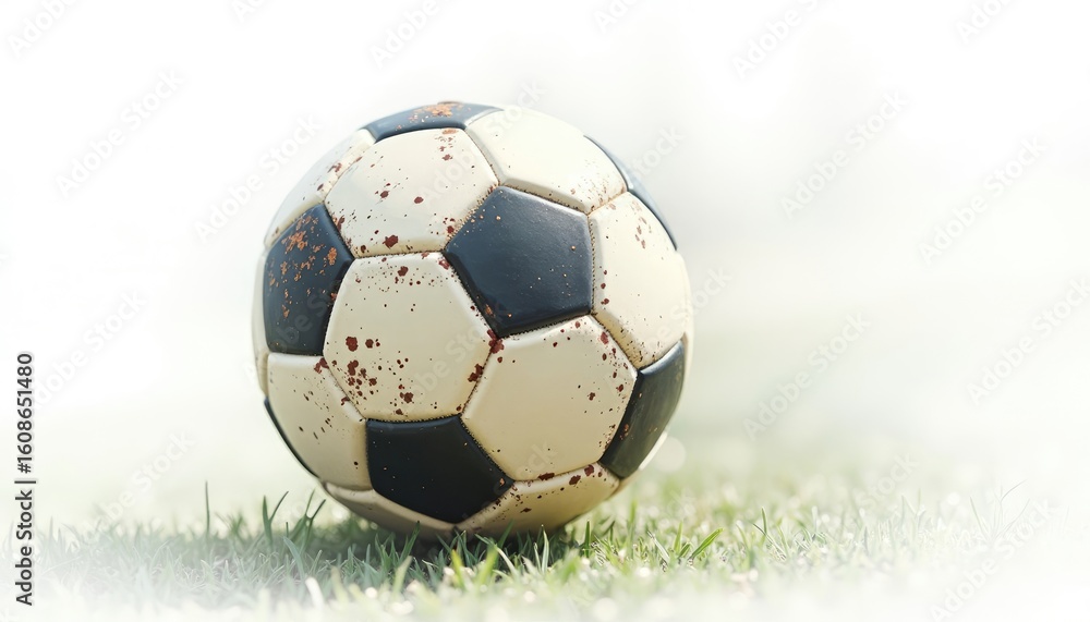 Obraz premium Well-Used Soccer Ball with Mud Splatters on a Brightly Lit Grassy Pitch