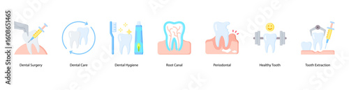 Dental care web banner icon vector illustration featuring Dental Surgery, Dental Care, Dental Hygiene, Root Canal, Periodontal, Healthy Tooth, and Tooth Extraction.