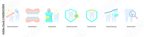 Orthodontic care web banner icon vector illustration for Dental Treatment, Dental Braces, Mouthwash, Dental Insurance, Dental Crown, Dental Cleaning, and Dental Check.