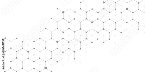 Hexagonal Molecular structure abstract tech network pattern. abstract geometric hexagon with connecting dots and lines. connecting Medical science, technology concept background Vector illustration.	