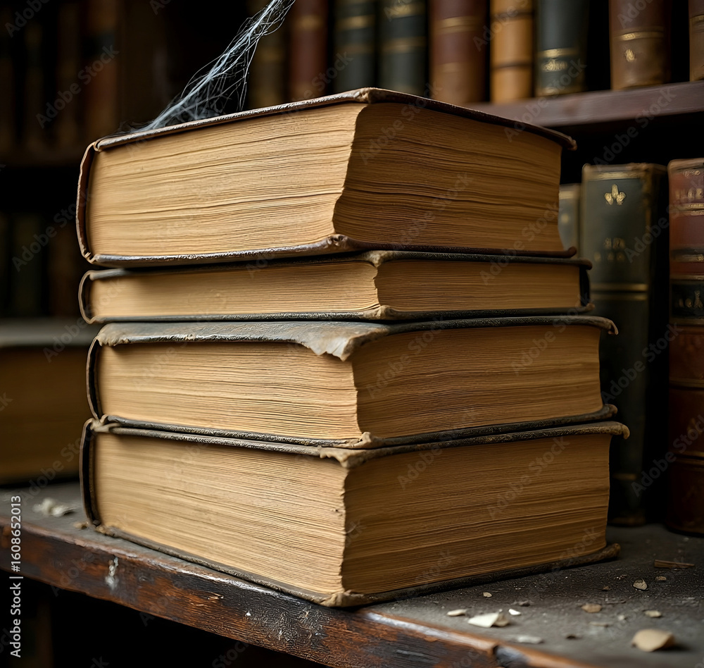 Fototapeta premium Stack of Aged Books with Cobweb