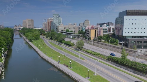 Aerial footage of the University of Ottawa campus over the Rideau Canal in Ottawa, Ontario, Canada