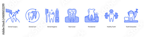 Dental care web banner icon vector illustration featuring Dental Surgery, Dental Care, Dental Hygiene, Root Canal, Periodontal, Healthy Tooth, and Tooth Extraction.