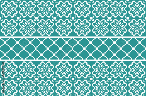 Intricate pixel-style floral and diamond pattern in teal. Inspired by traditional weaving, this seamless design is perfect for textiles, embroidery, wrapping paper, and digital prints.