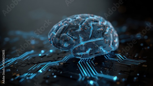 3D rendered brain, glowing with circuits, on a digital circuit board. Futuristic concept