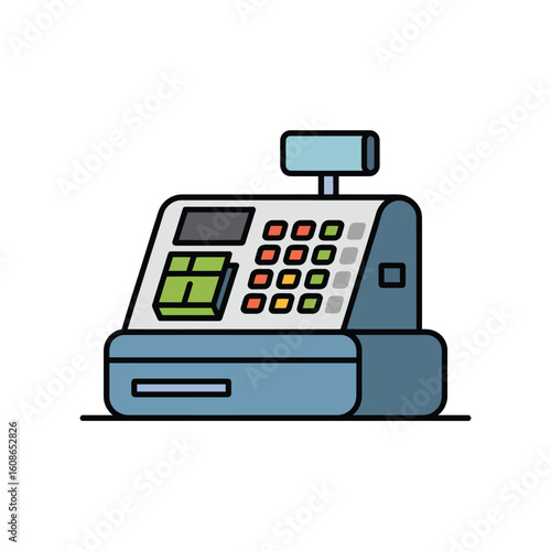 Retro style cash register with a keypad and display on a white background