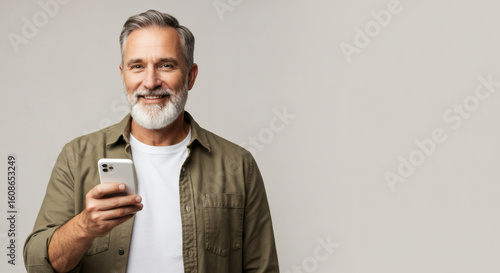 Smiling mature man using a mobile phone.