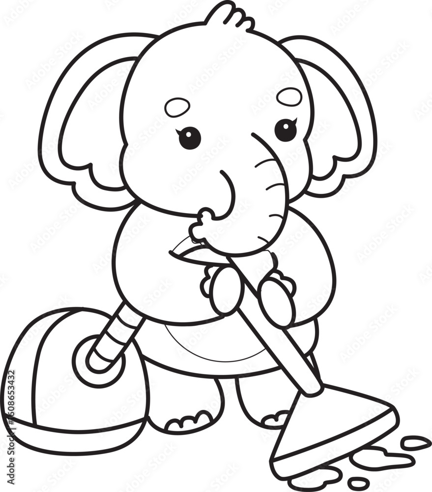 Fototapeta premium Cute Elephant icon. Funny baby Elephant animal series stock illustration. Life of fluffy Elephant designs. Coloring pages of Funny baby Elephant.