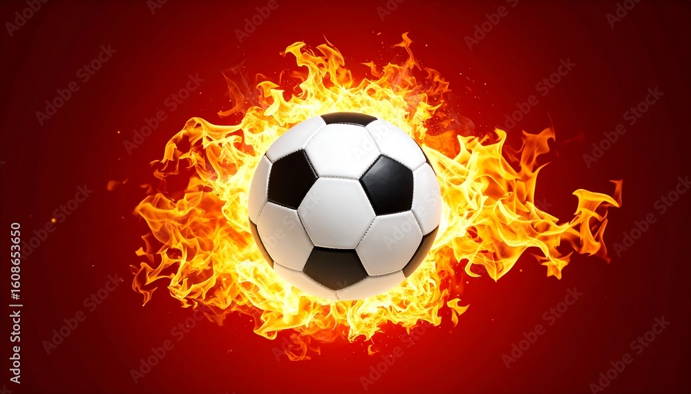 Obraz premium Burning Soccer Ball with Flames with Fiery Sports Abstract Illustration on Red Backdrop.