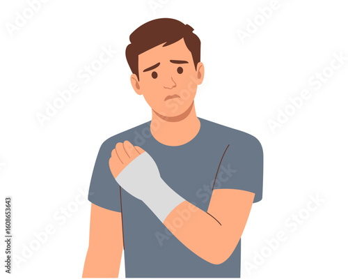 Patient with Fracture: An individual, with a look of concern on his face, showcases a bandaged arm, vividly portraying a recent injury.