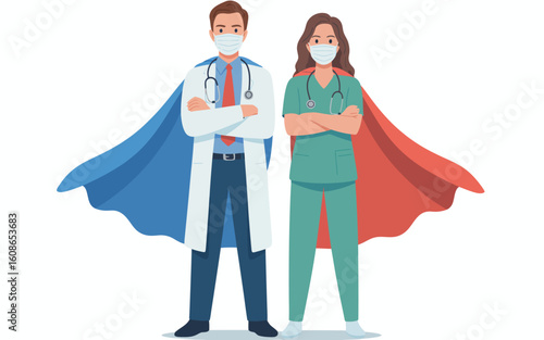 Healthcare Heroes: A doctor and nurse, masked and cloaked in capes, stand side-by-side, embodying strength and care, symbolizing healthcare professionals.