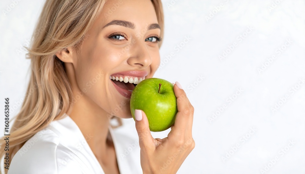 Woman eating an apple, healthy smile Woman eating an apple, healthy smile