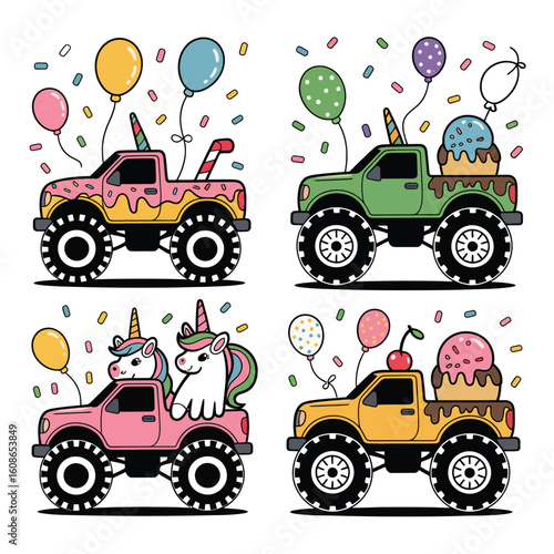 Four colorful monster trucks decorated for a birthday party with balloons and confetti