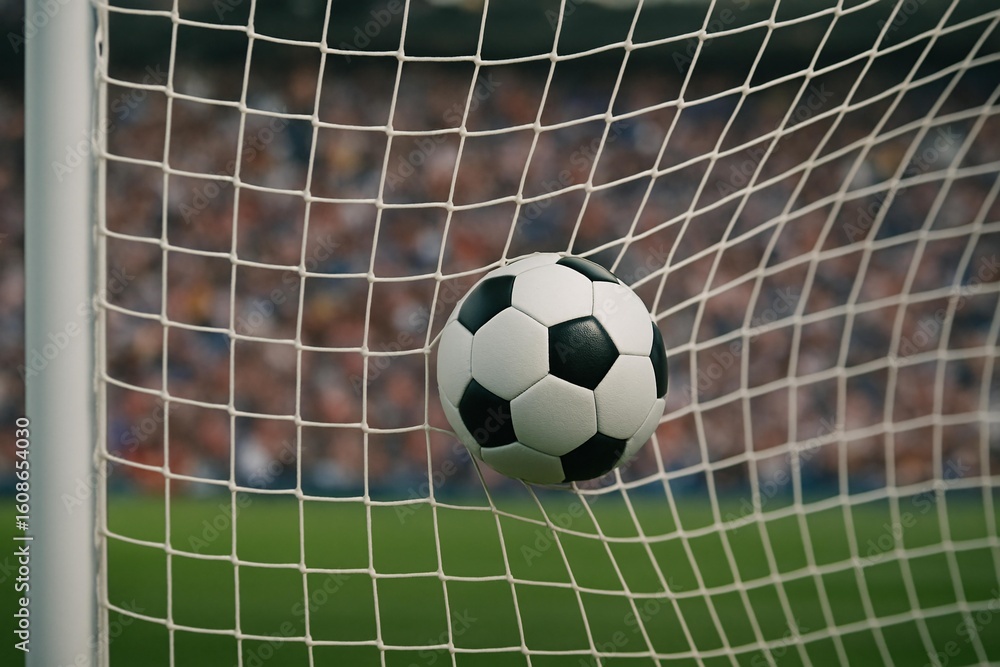 Naklejka premium Soccer Ball Scoring Goal in Stadium Net - Exciting World Cup Action Photography