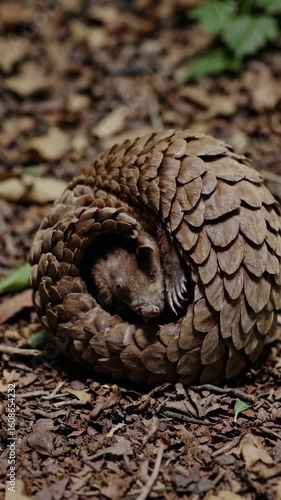 Adorable Pangolin Curling in Defensive Position in Forest Floor