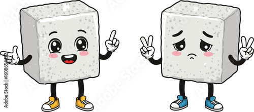 Cartoon cement block characters expressing joy and sadness with hand gestures and emotional faces for fun and creative use