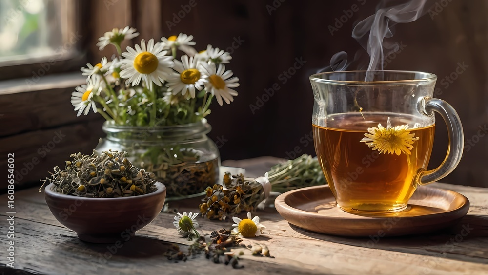 A rustic wooden table with steaming herbal tea in a glass cup, dried herbs 02 A rustic wooden table with steaming herbal tea in a glass cup, dried herbs 02