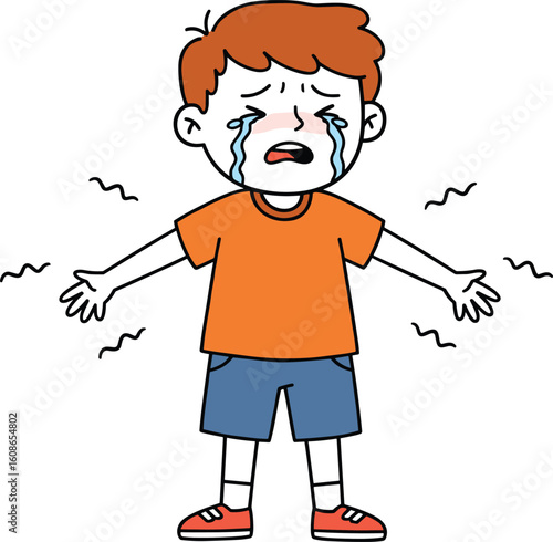 Cartoon Illustration of Crying Boy Expressing Strong Emotions – Children’s Emotional Outburst, Sadness, Tantrum, and Behavioral Reaction Concept