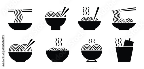 Collection of eight black and white silhouette icons representing bowls of steaming noodles with chopsticks