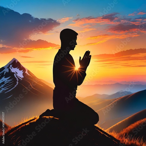 silhouette of a man sitting on a mountain top